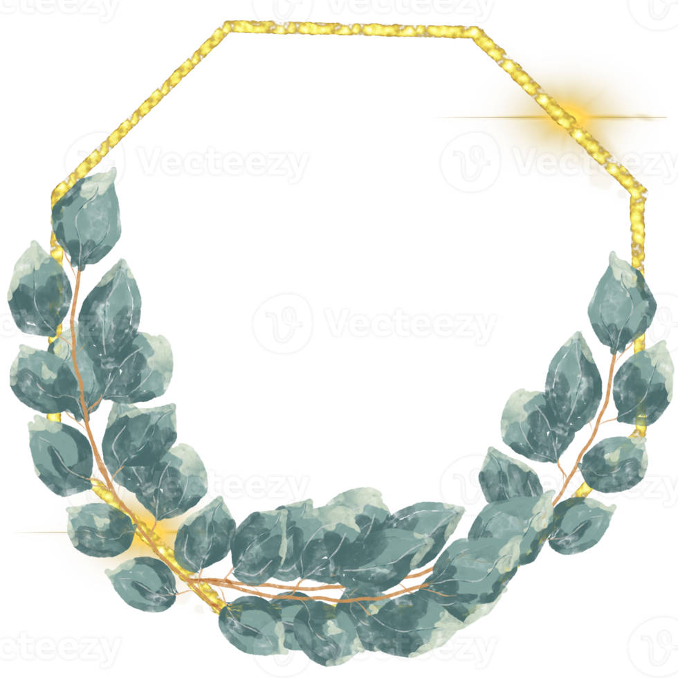 runda cirkel eukalyptus vattenfärg grön blad med guld glitter krans design, Semester bokeh png