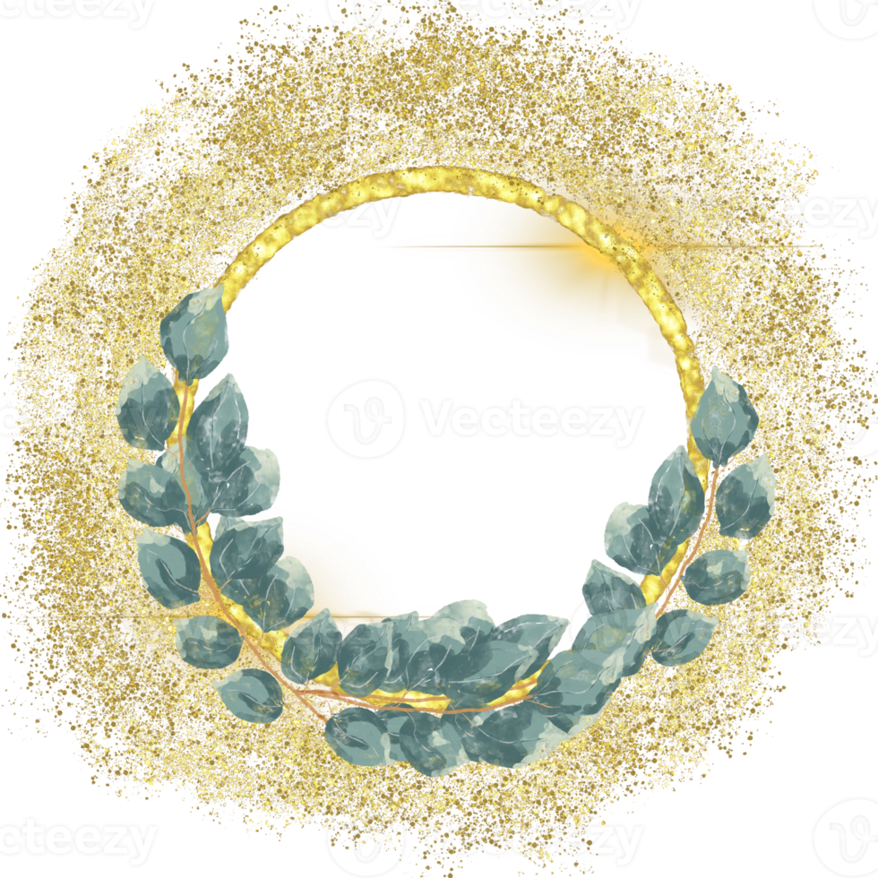 volta círculo eucalipto aguarela verde folha com ouro brilhar guirlanda projeto, feriado bokeh png