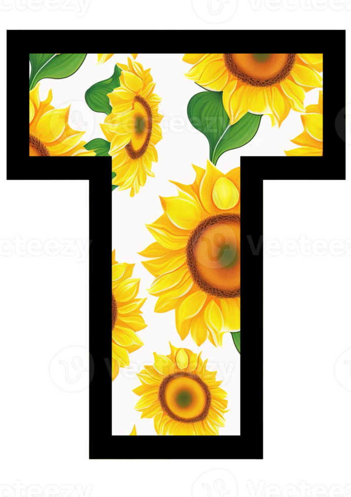 Sunflower Floral Alphabet, Letter T With Yellow Sunflower Pattern png