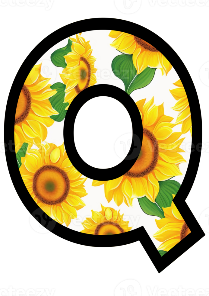 Sunflower Floral Alphabet, Letter Q With Yellow Sunflower Pattern png