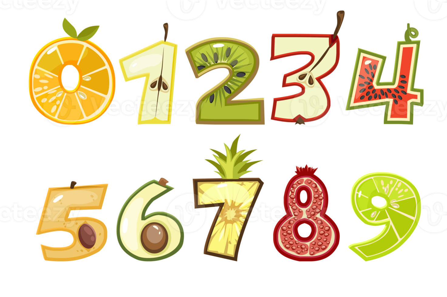 Fruit numbers. Set of numbers or stickers. png