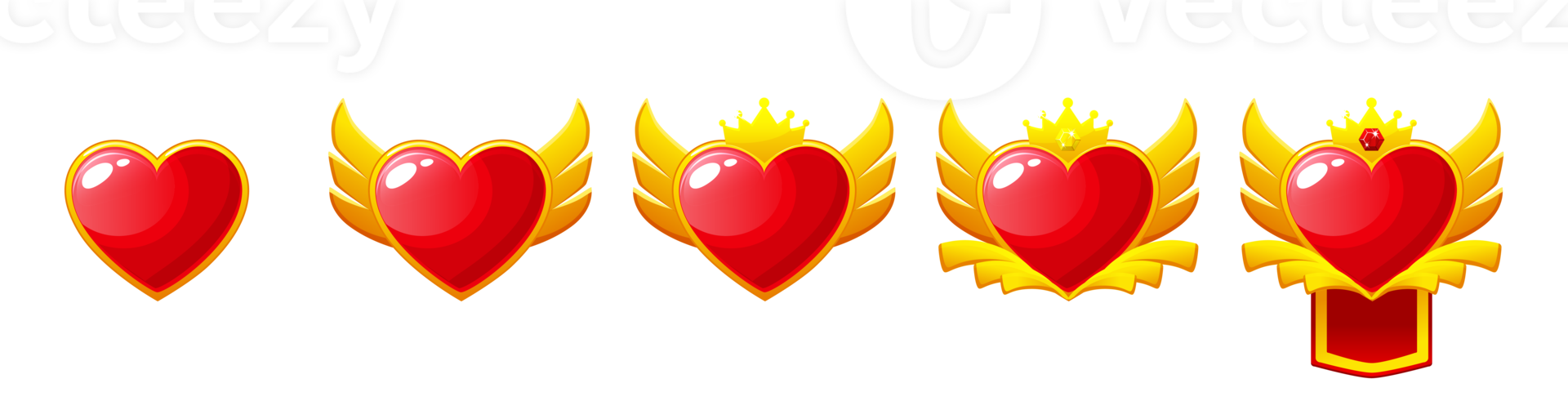 Set of Game Rank badges. Level up icons with Heart, ranking awards png