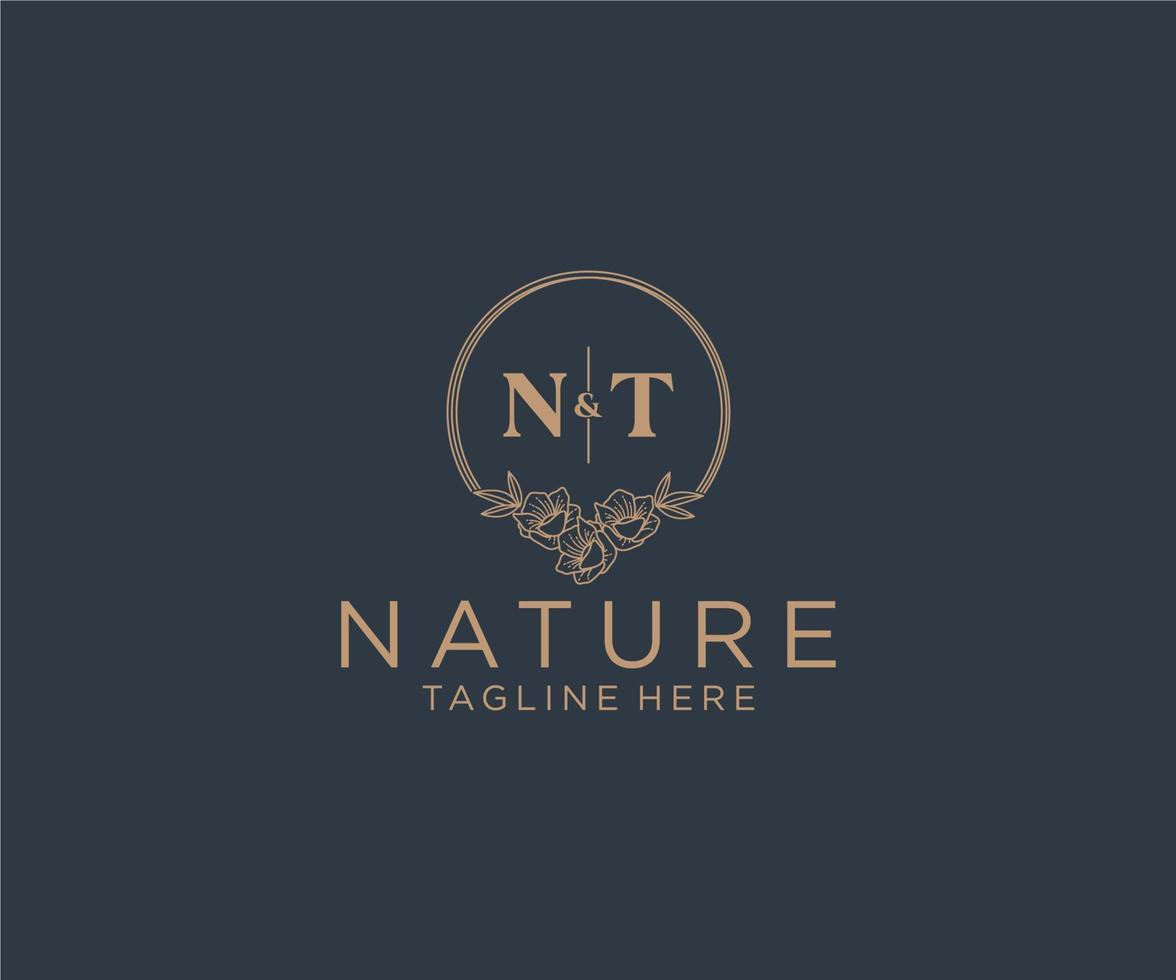 initial NT letters floral frames. Botanical feminine editable premade monoline unique decoration for greeting card, wedding invitation. vector