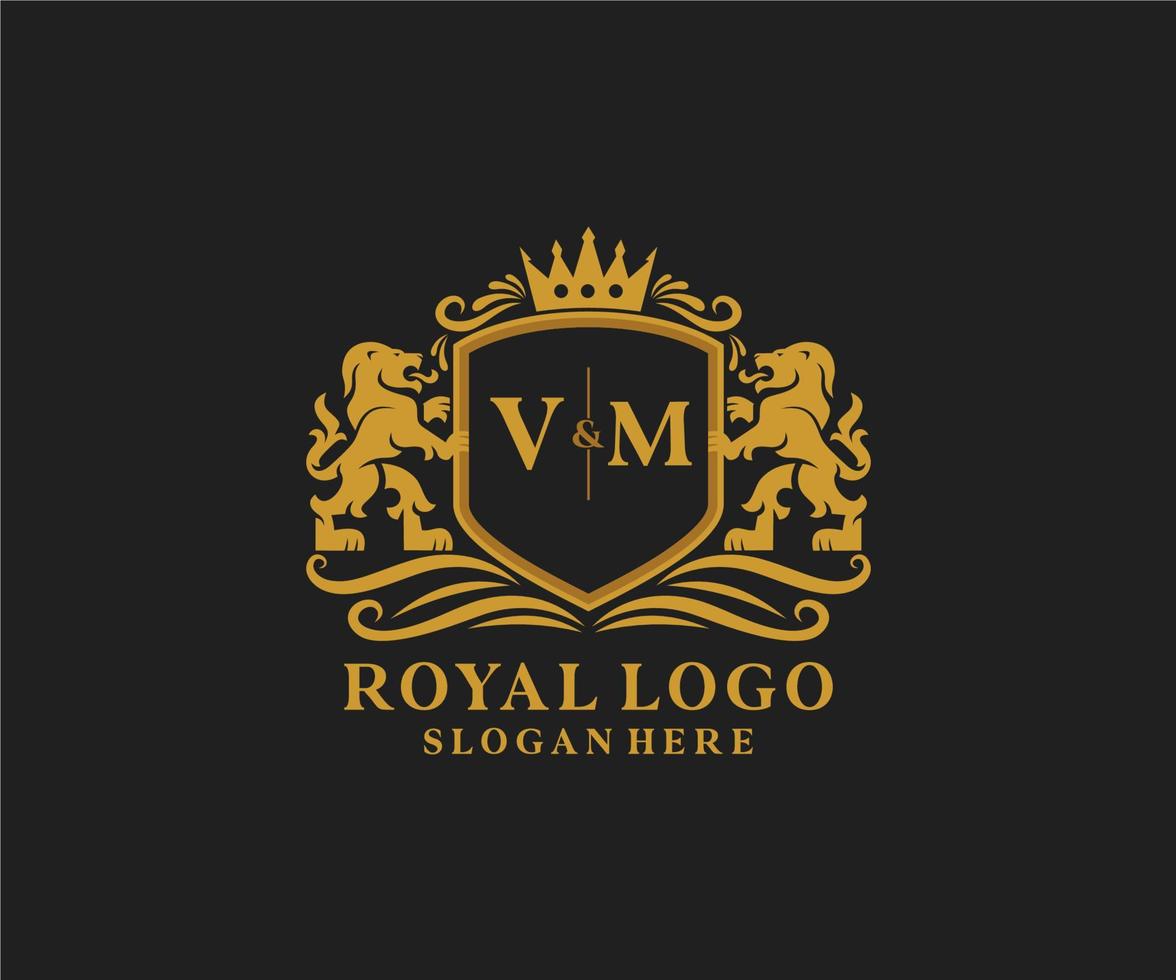 plantilla de logotipo de lujo real de león de letra vm inicial en arte vectorial para restaurante, realeza, boutique, cafetería, hotel, heráldica, joyería, moda y otras ilustraciones vectoriales. vector