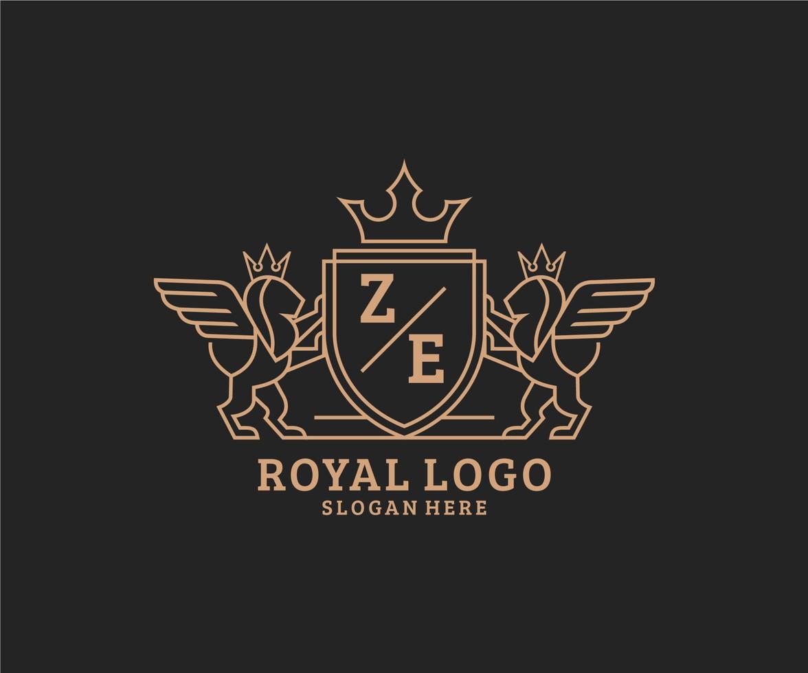 Initial ZE Letter Lion Royal Luxury Heraldic,Crest Logo template in vector art for Restaurant, Royalty, Boutique, Cafe, Hotel, Heraldic, Jewelry, Fashion and other vector illustration.