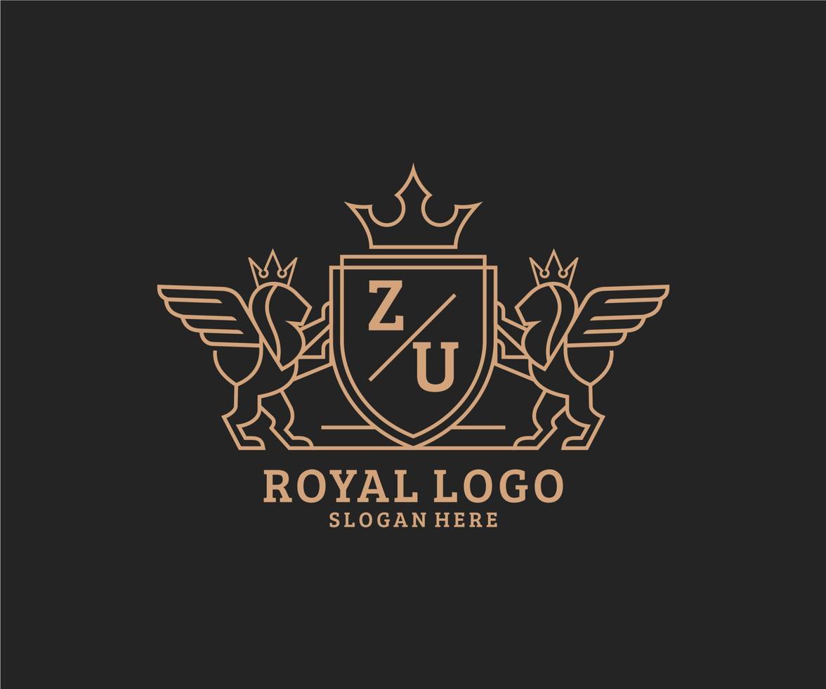 Initial ZU Letter Lion Royal Luxury Heraldic,Crest Logo template in vector art for Restaurant, Royalty, Boutique, Cafe, Hotel, Heraldic, Jewelry, Fashion and other vector illustration.