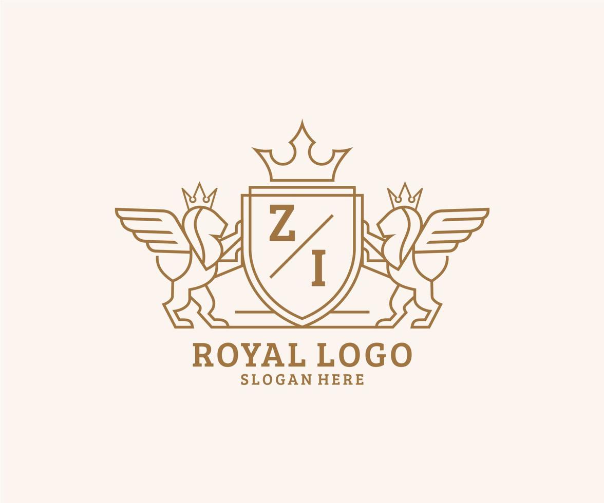 Initial ZI Letter Lion Royal Luxury Heraldic,Crest Logo template in vector art for Restaurant, Royalty, Boutique, Cafe, Hotel, Heraldic, Jewelry, Fashion and other vector illustration.