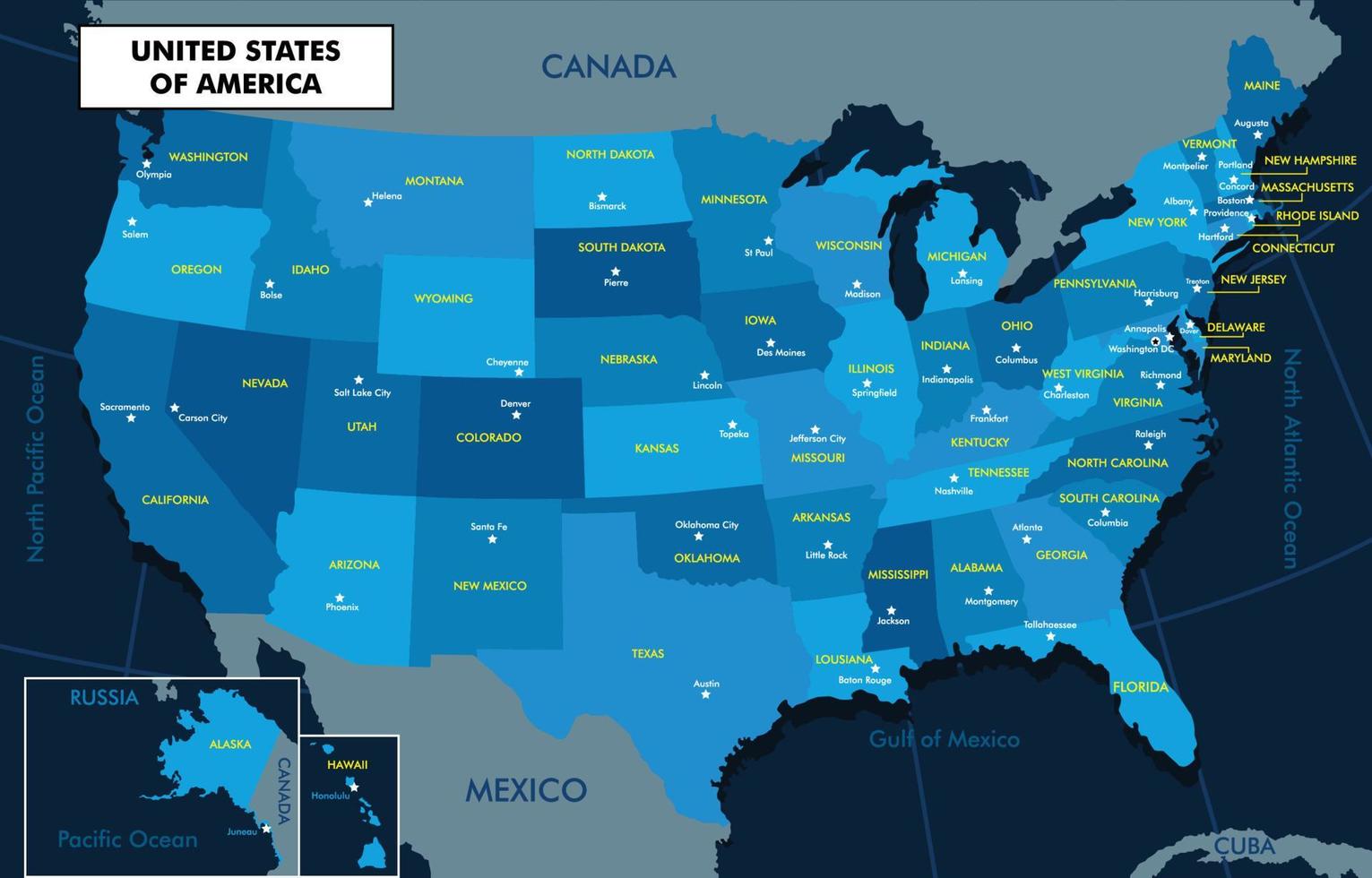 Estados Unidos país mapa con estado nombres vector