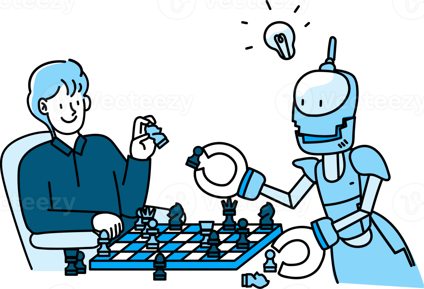 Artificial inteligence illustration, robot A.I. and people activities graphic blue tone color modern cartoon style. png