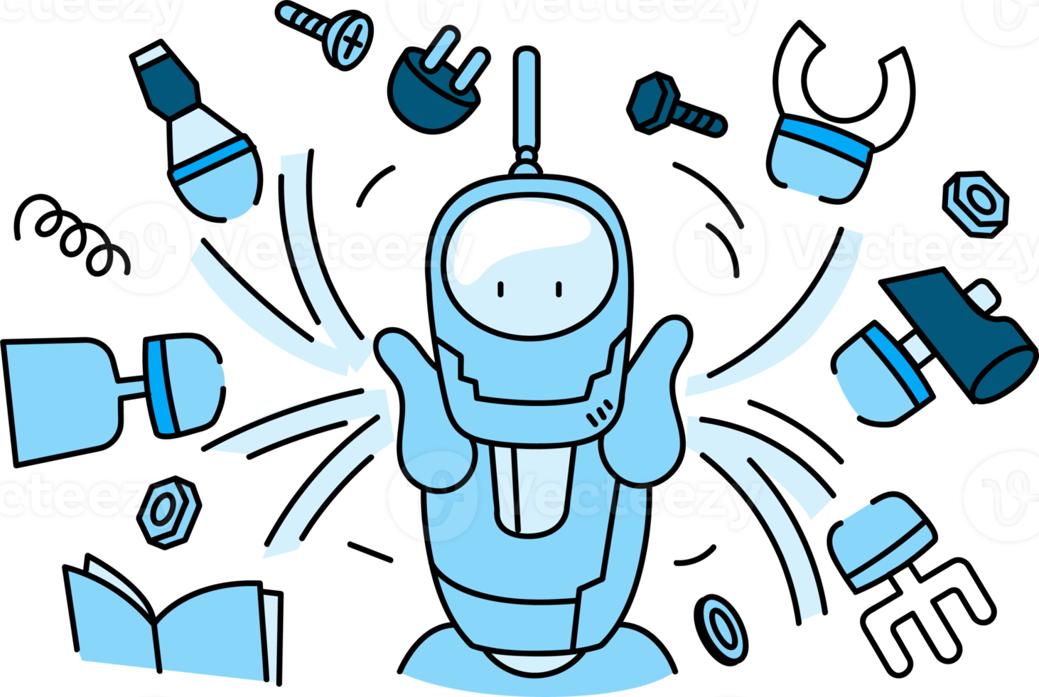 Artificial inteligence illustration, robot A.I. and people activities graphic blue tone color modern cartoon style. png