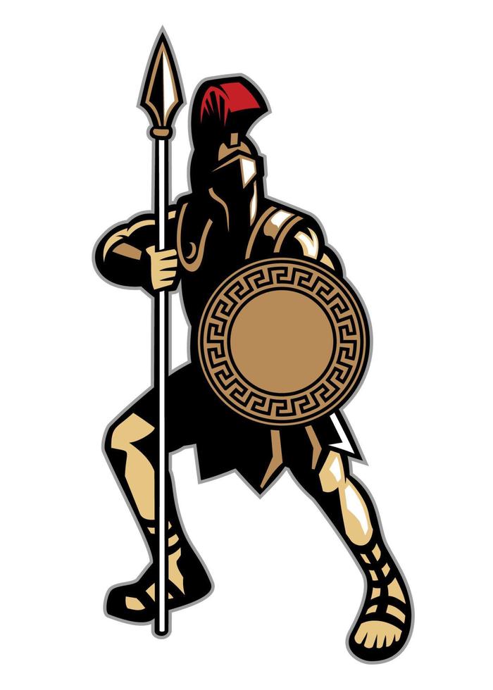 Spartan mascot holding the spear weapon and the circle shape shield vector