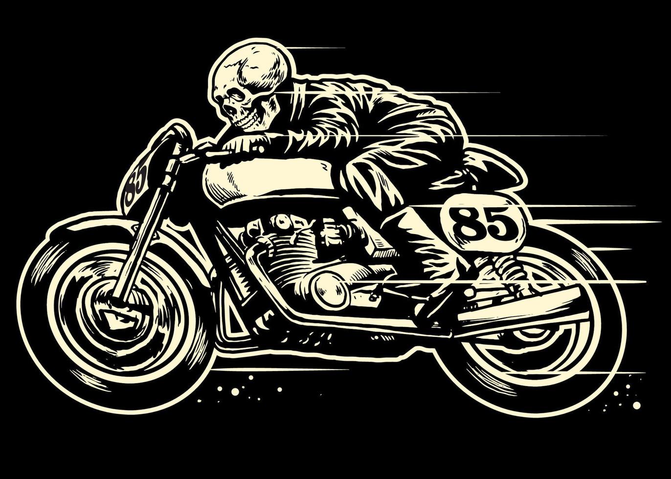 Hand drawing of skull riding vintage motorcycle vector