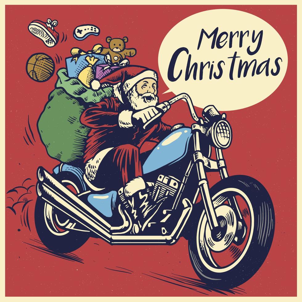 hand drawing style of santa claus ride a motorcycle to delivering the christmas gift vector