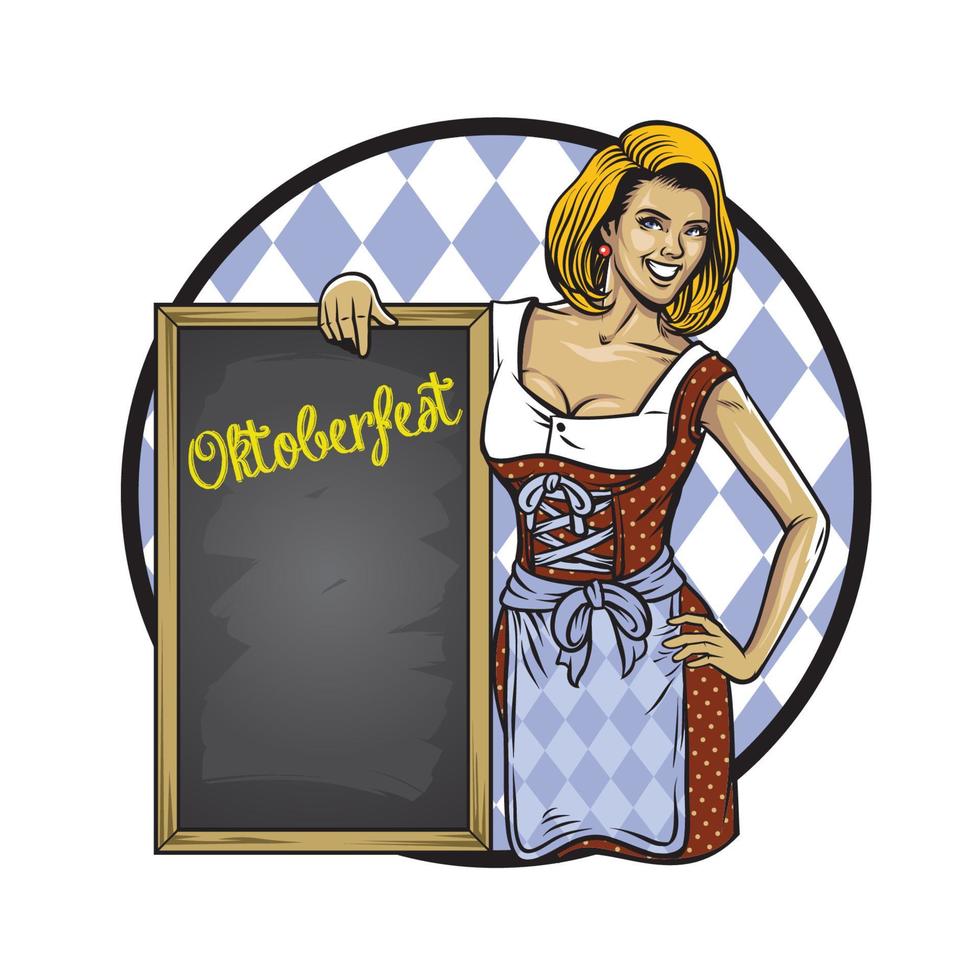 retro illustration of oktoberfest girl lean on the blackboard vector
