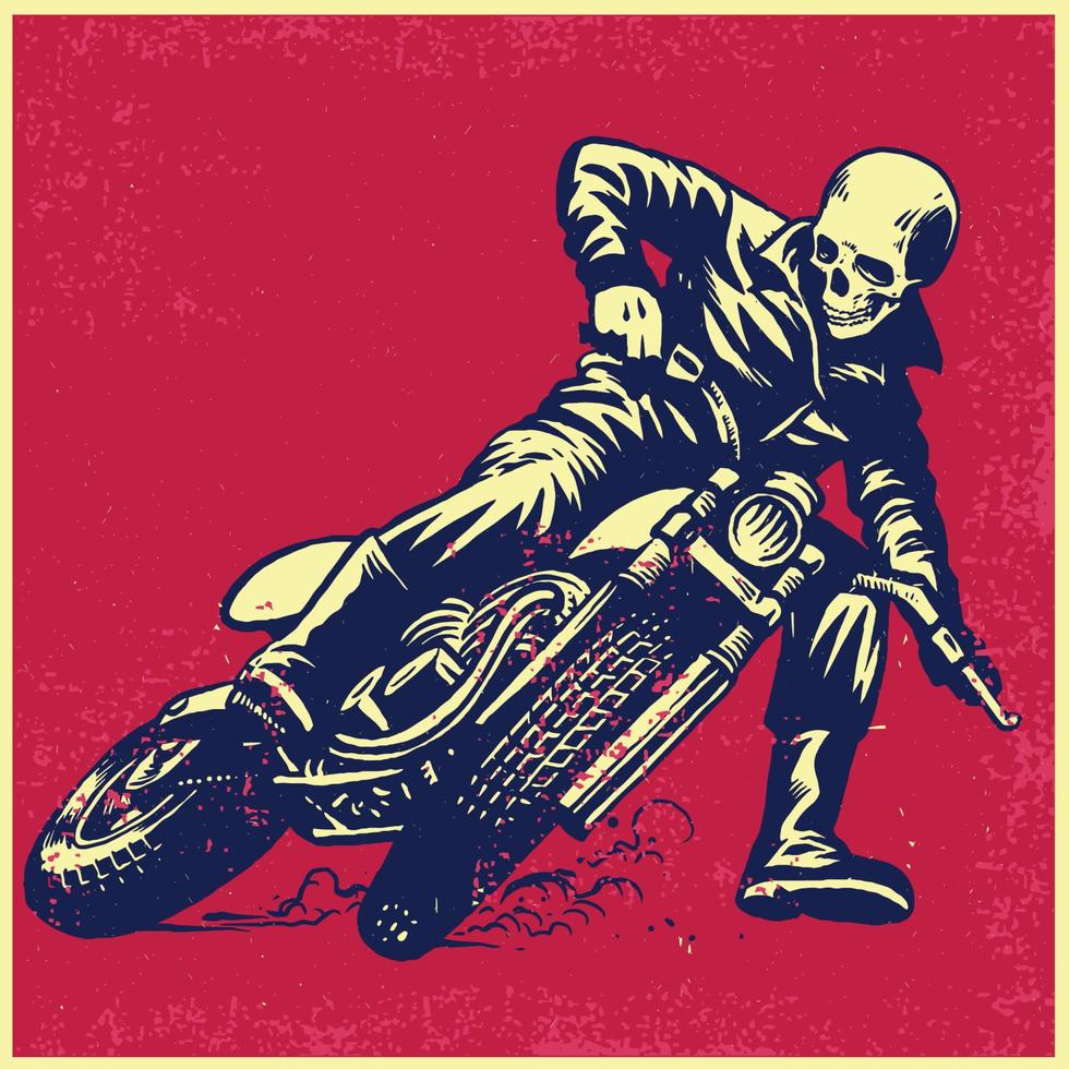 hand drawing of skull riding a vintage motorcycle vector