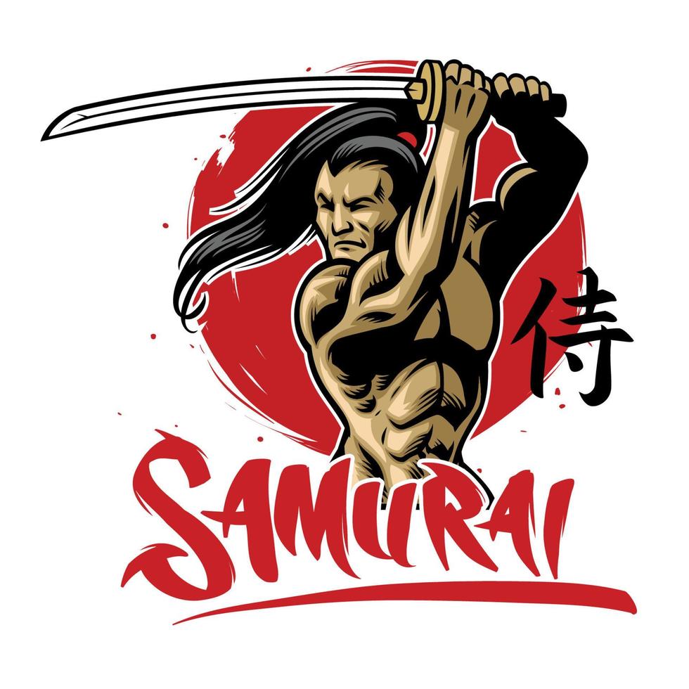 samurai guerrero con músculo cuerpo con samurai palabra escribir en japonés kanji vector