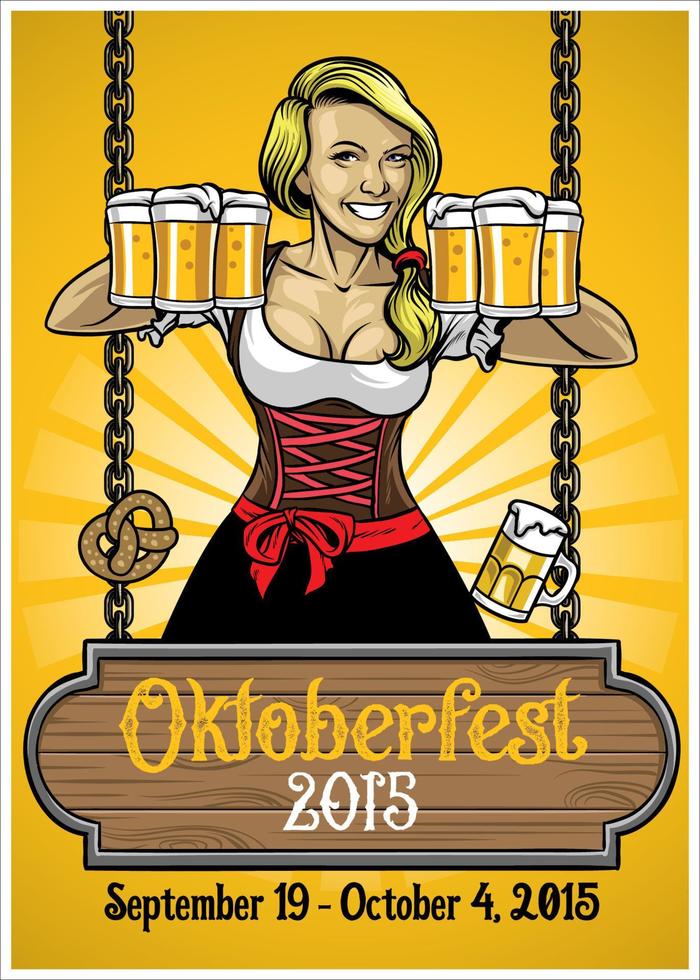 Oktoberfest póster con bávaro niña participación el cervezas vector