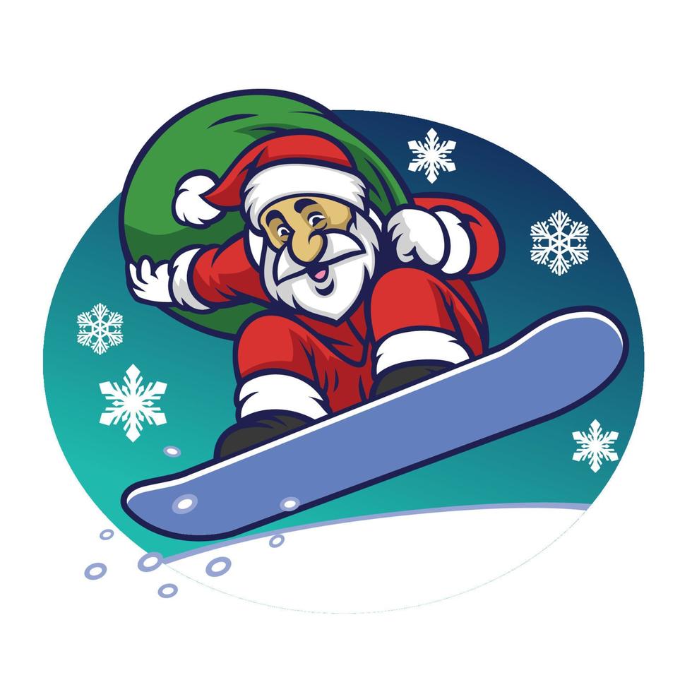 Santa claus delivering the christmas give by riding a snowboard vector