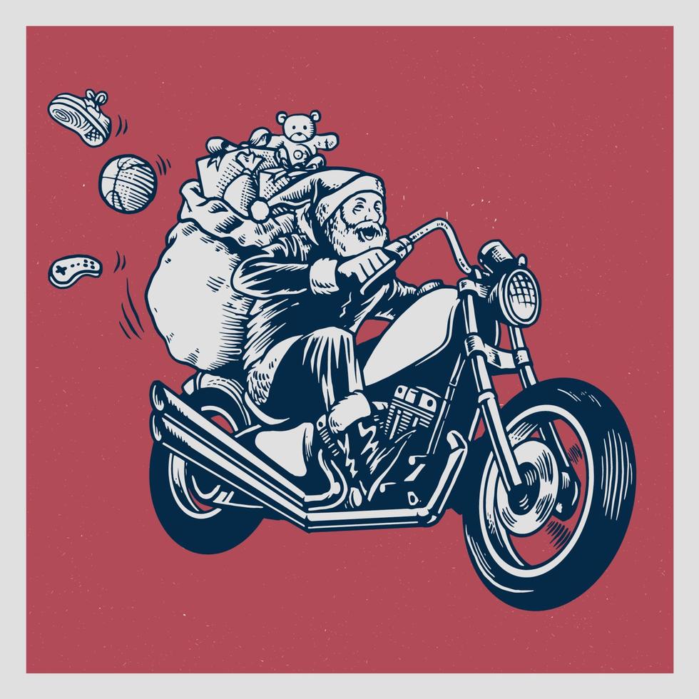 santa claus ride a motorcycle with bunch of christmas gift vector