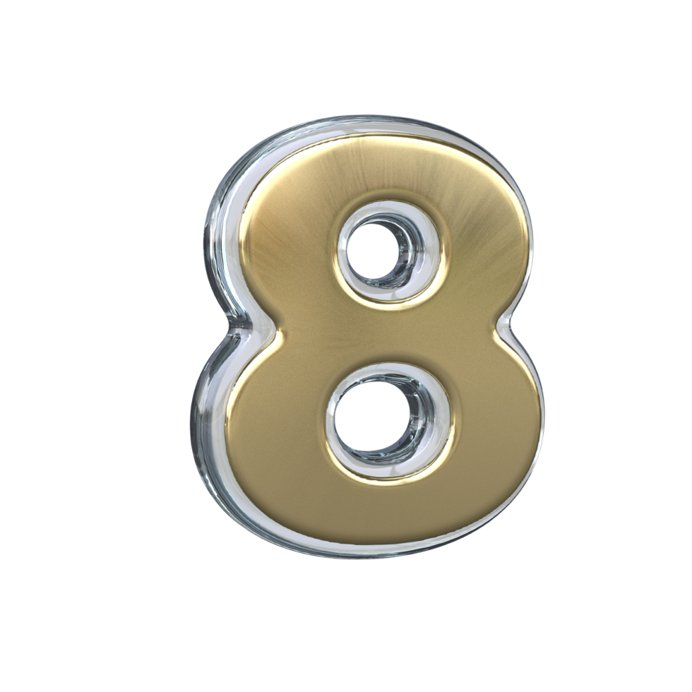 Number 8 3D rendering with gold and glass materials png