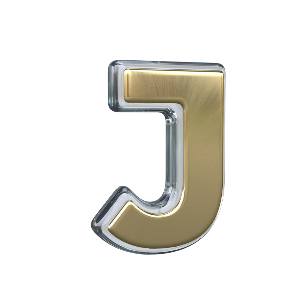 Letter j 3D rendering with Gold and Glass materials png