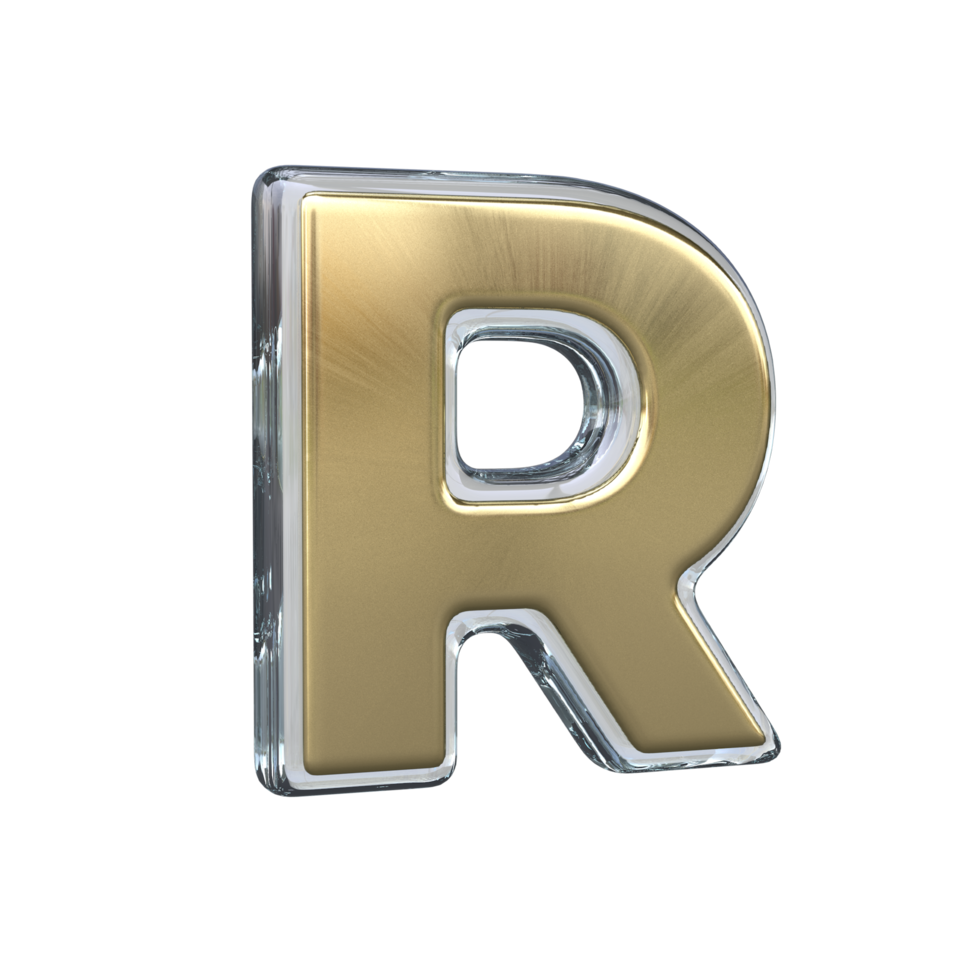 Letter r 3D rendering with Gold and Glass materials png
