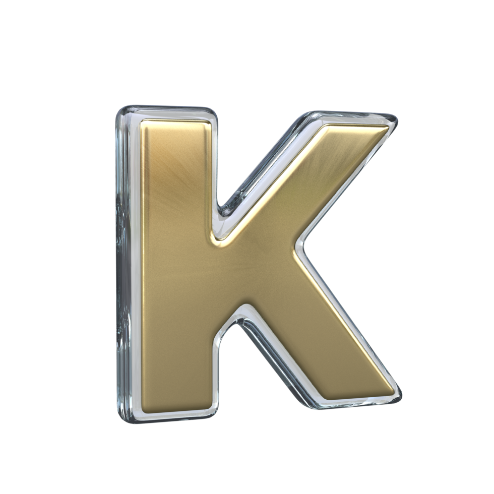 Letter k 3D rendering with Gold and Glass materials png