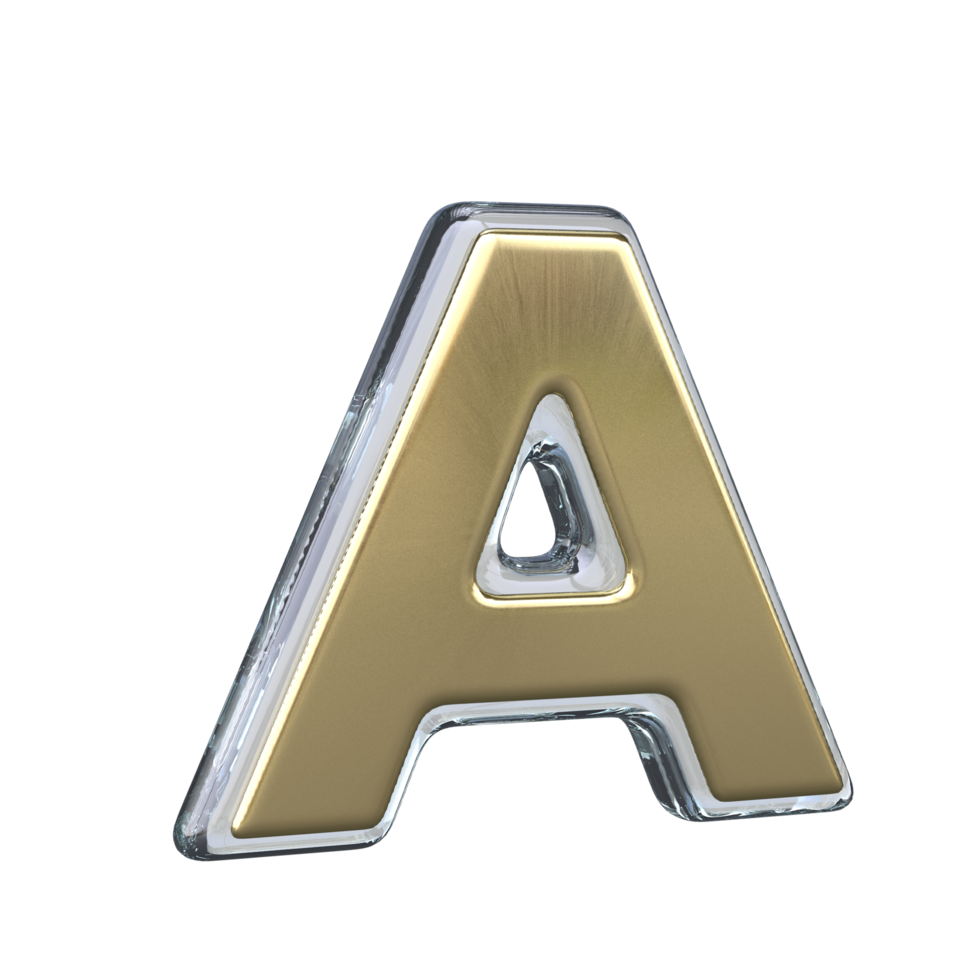 Letter A 3D rendering with Gold and Glass materials png