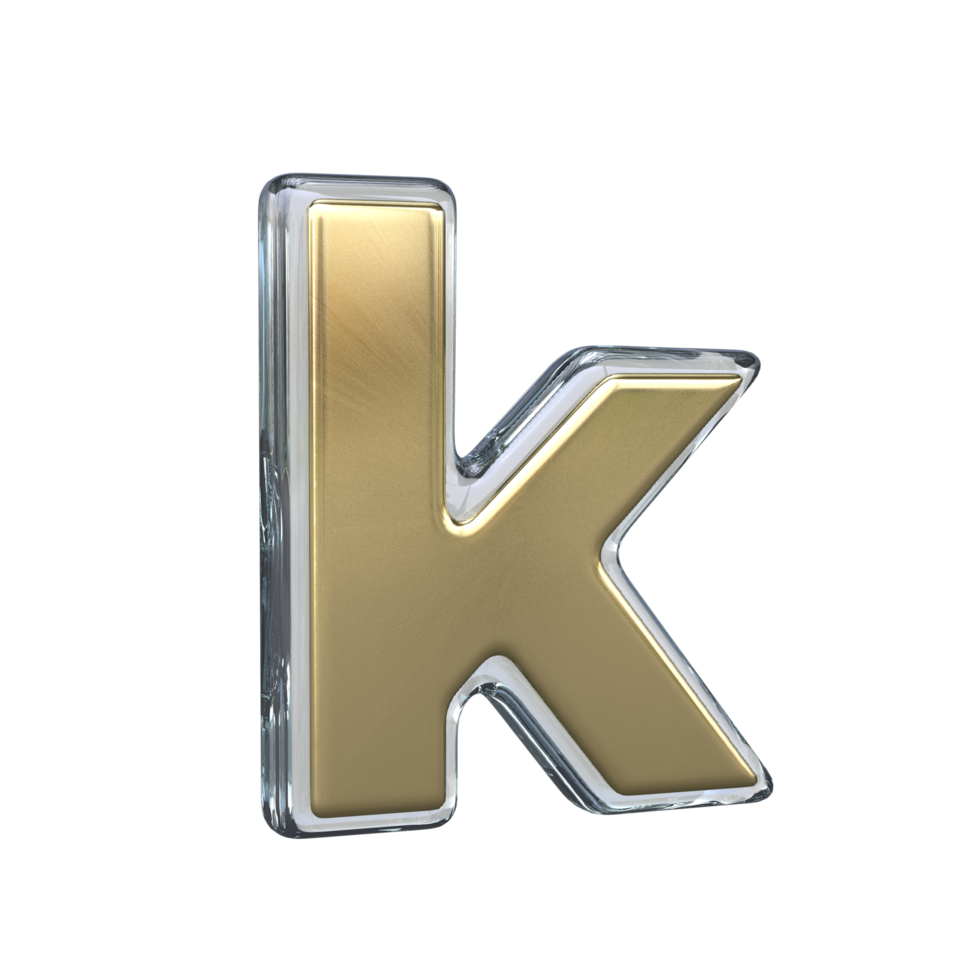 Letter k 3D rendering with Gold and Glass materials png