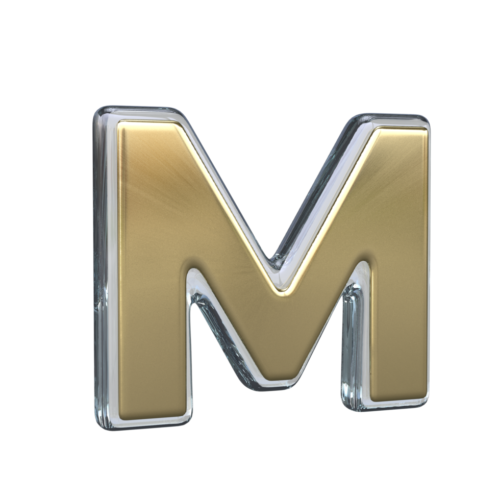 Letter m 3D rendering with Gold and Glass materials png