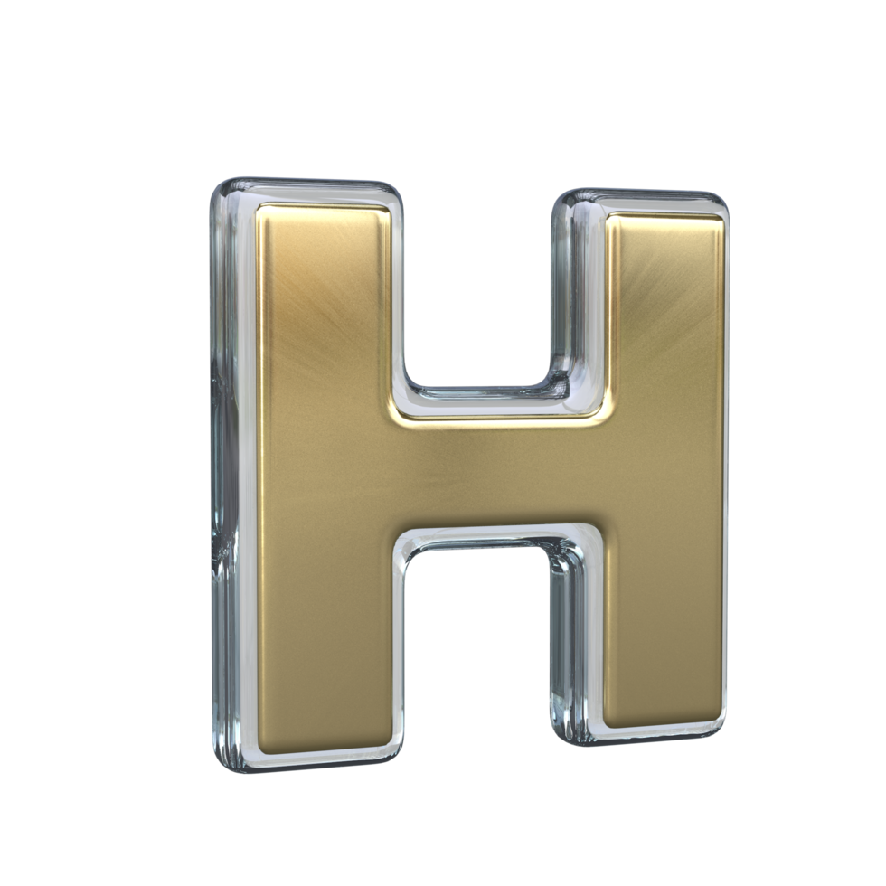 Letter h 3D rendering with Gold and Glass materials png