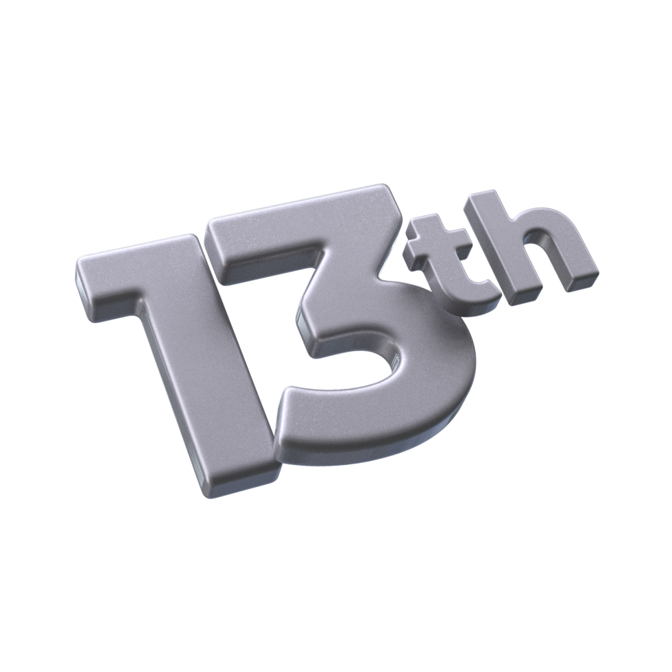 Number 13th 3D rendering with Silver color png