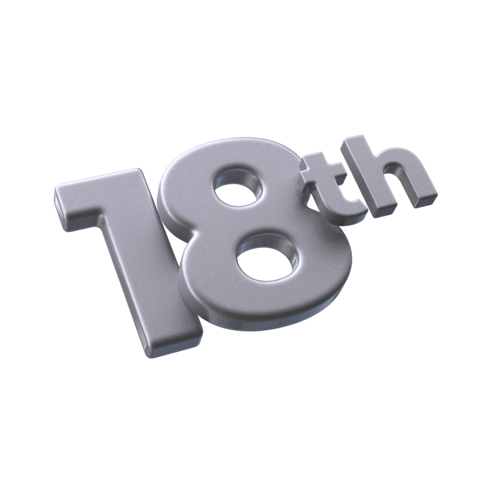 Number 18th 3D rendering with Silver color png