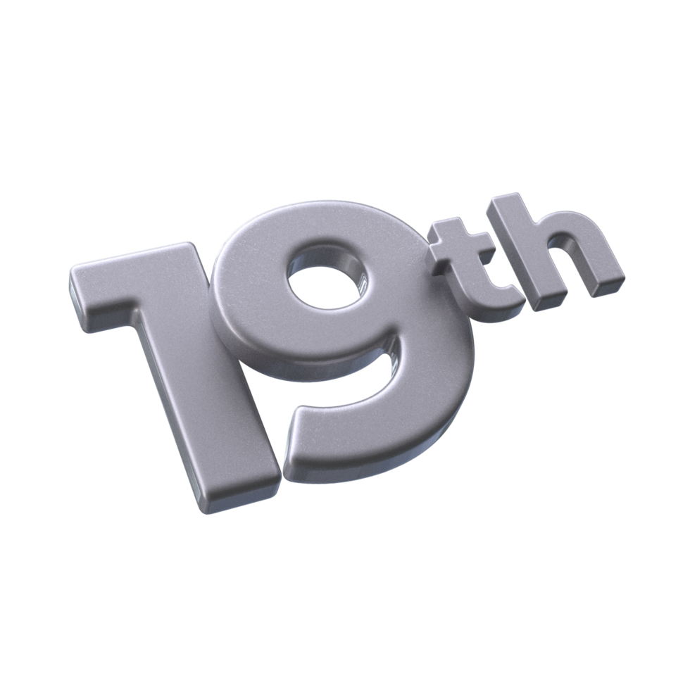 Number 19th 3D rendering with Silver color png