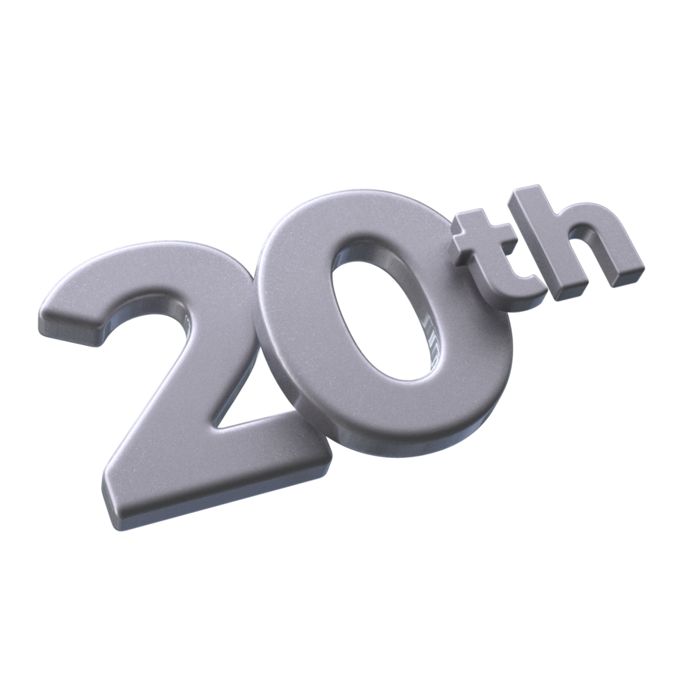 Number 20th 3D rendering with Silver color png