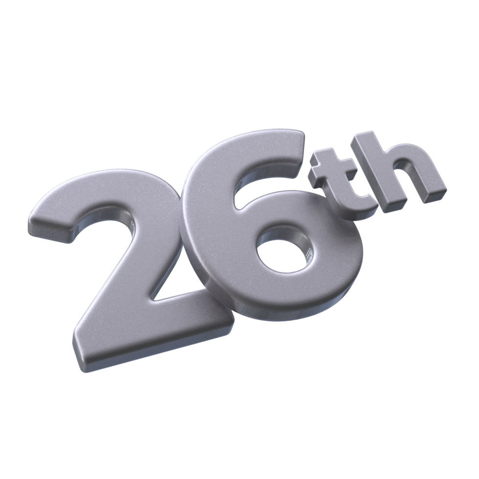 Number 26th 3D rendering with Silver color png