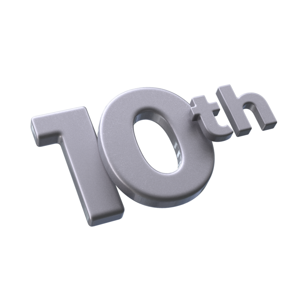 Number 10th 3D rendering with Silver color png