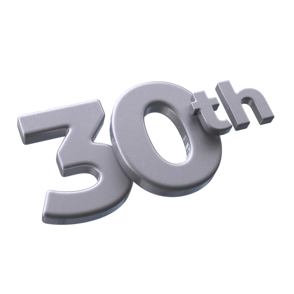 Number 30th 3D rendering with Silver color png