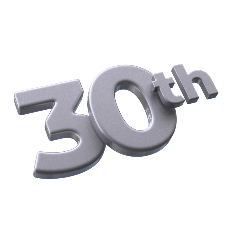 Number 30th 3D rendering with Silver color png