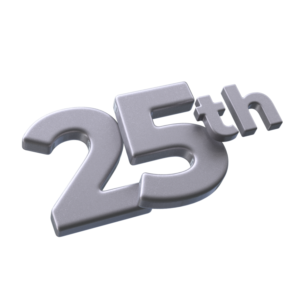 Number 25th 3D rendering with Silver color png