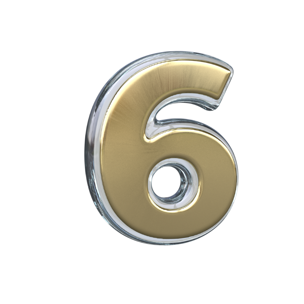Number 6 3D rendering with gold and glass materials png