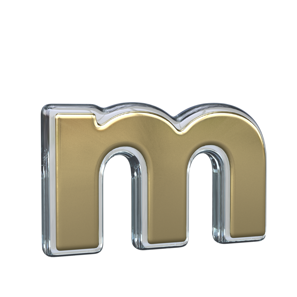 Letter m 3D rendering with Gold and Glass materials png