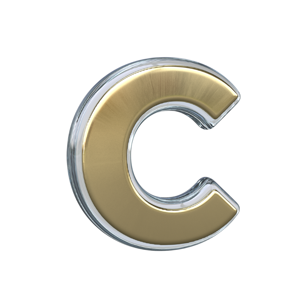 Letter c 3D rendering with Gold and Glass materials png