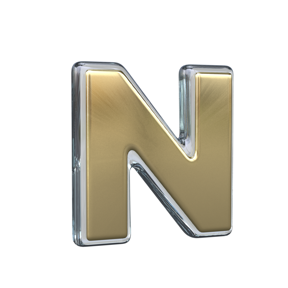 Letter n 3D rendering with Gold and Glass materials png