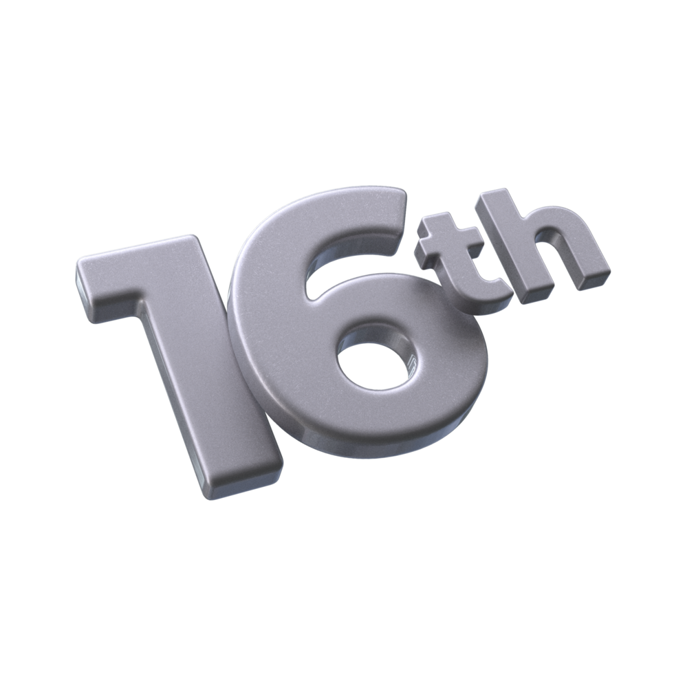 Number 16th 3D rendering with Silver color png