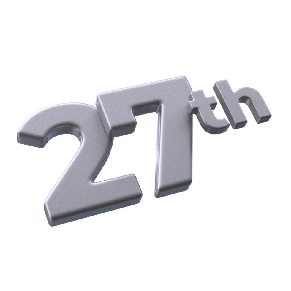 Number 27th 3D rendering with Silver color png