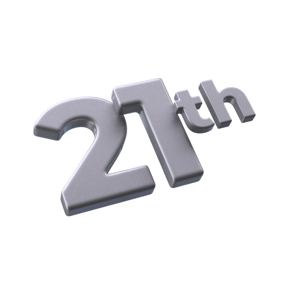 Number 21th 3D rendering with Silver color png