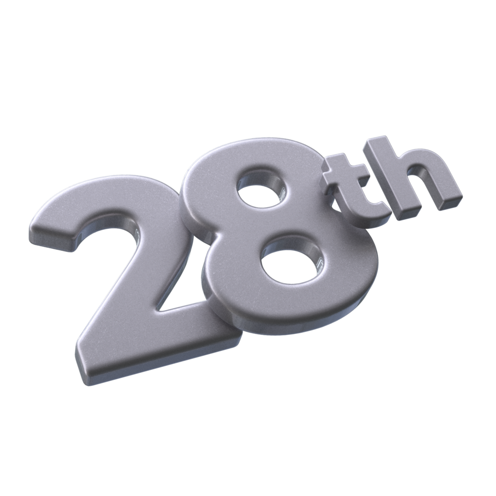 Number 28th 3D rendering with Silver color png