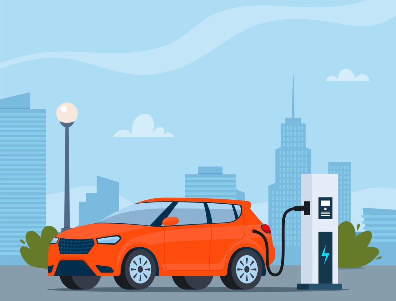 Electric car charging, side view. Modern urban landscape with high-rise buildings skyscrapers. Ecologically clean transport, eco-city. Vector illustration.
