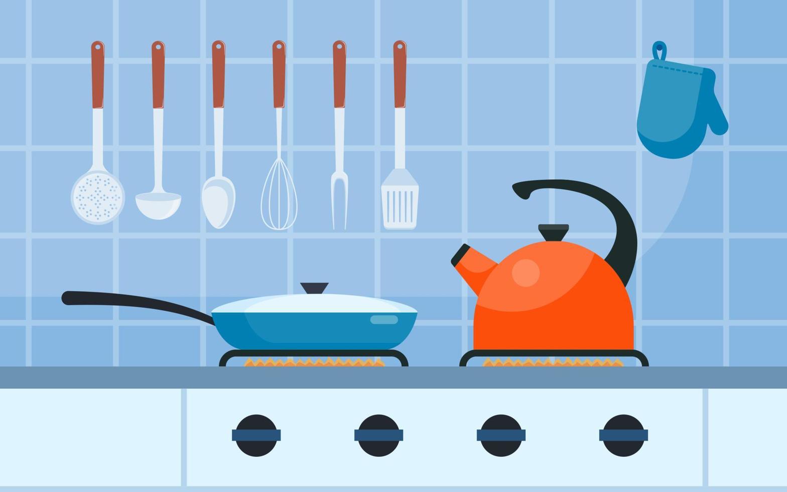 moderno gas cocina, fritura pan y tetera en eso en fuego. hogar cocina cocina. preparando alimento, cocinando. vector ilustración en plano estilo.